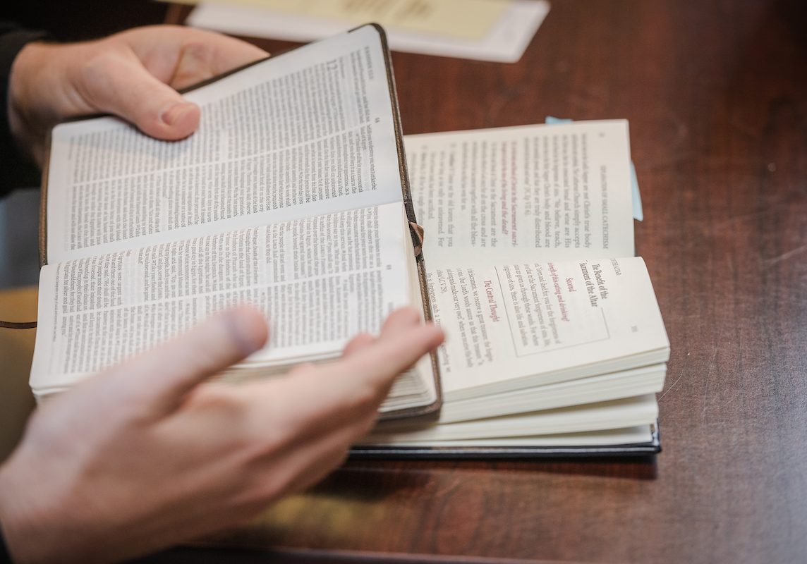 The Rev. Tyrel Bramwell, pastor at St. Mark's Evangelical Lutheran Church, Ferndale, Calif., meets with Matthew and Rachel Shiney for adult catechism classes at the church on Tuesday, April 9, 2019. LCMS Communications/Erik M. Lunsford